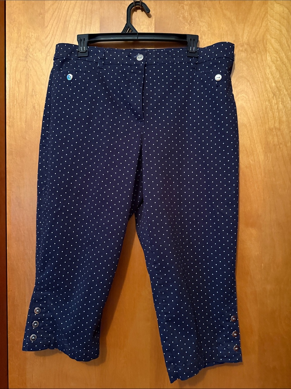 Women’s Karen Scott Capris size 14. Navy and white polka dots.